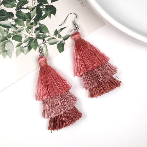 Multicolored Tiered Tassel Dangle Earrings (Dark) - Picture 2 of 3